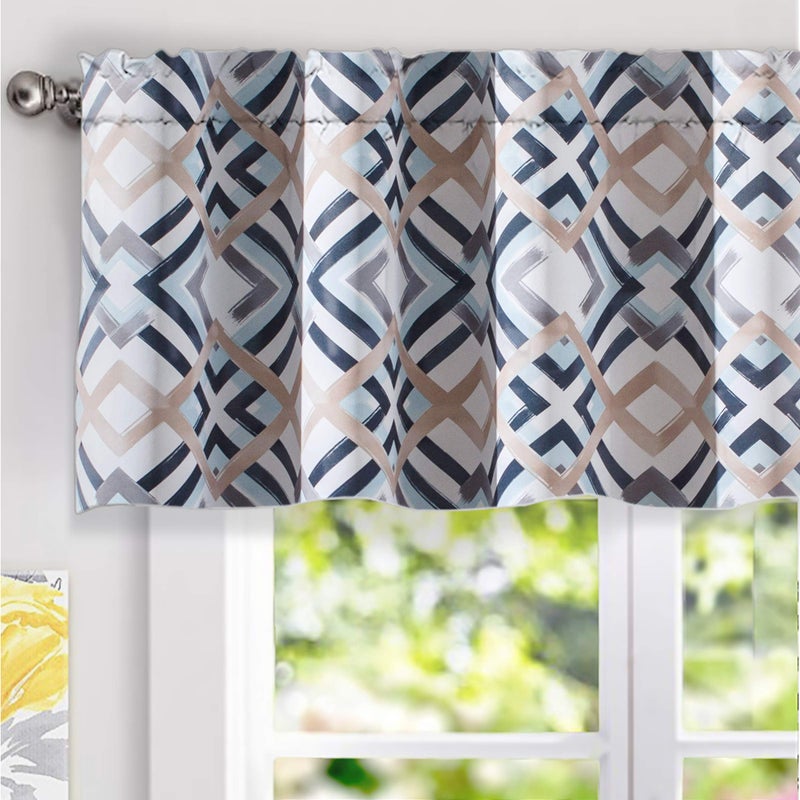 DriftAway Diamond Trellis Watercolor Geometric Checker Plaid Pattern Blackout Thermal Insulated Energy Saving Window Curtain Valance Rod Pocket Single 52 Inch by 18 Inch Plus 2 Inch Header Navy - Image 1